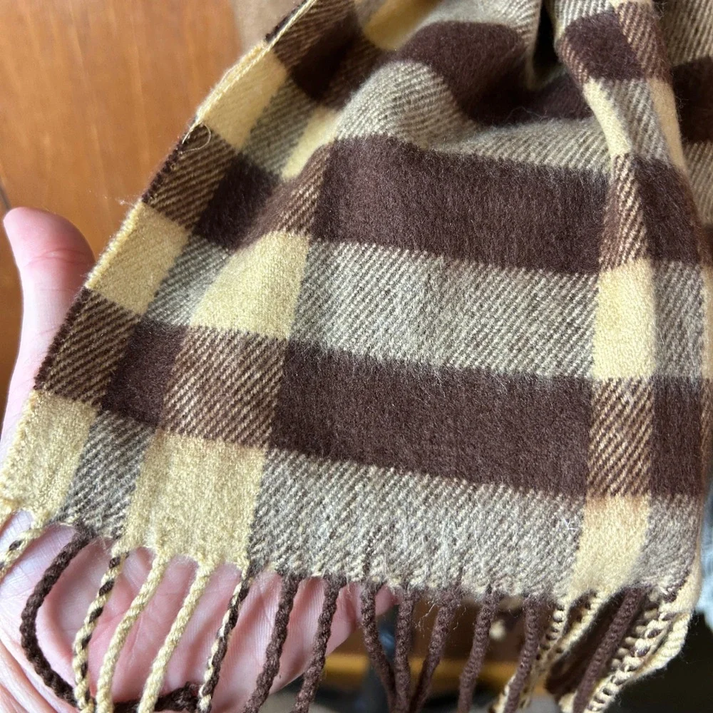 Brown Beige Plaid Scarf Fringe Wool Blend Cozy Winter Warm Accessory‎